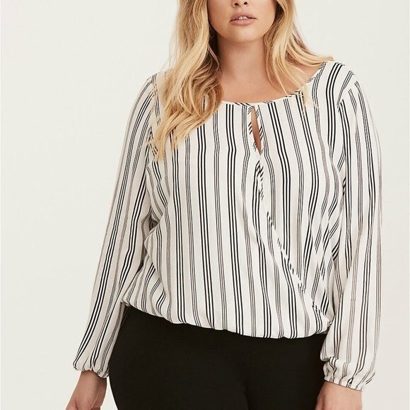 Torrid White Black Stripe Surplice Faux Wrap Top Long Sleeve Plus Shirt 2X - Picture 8 of 8